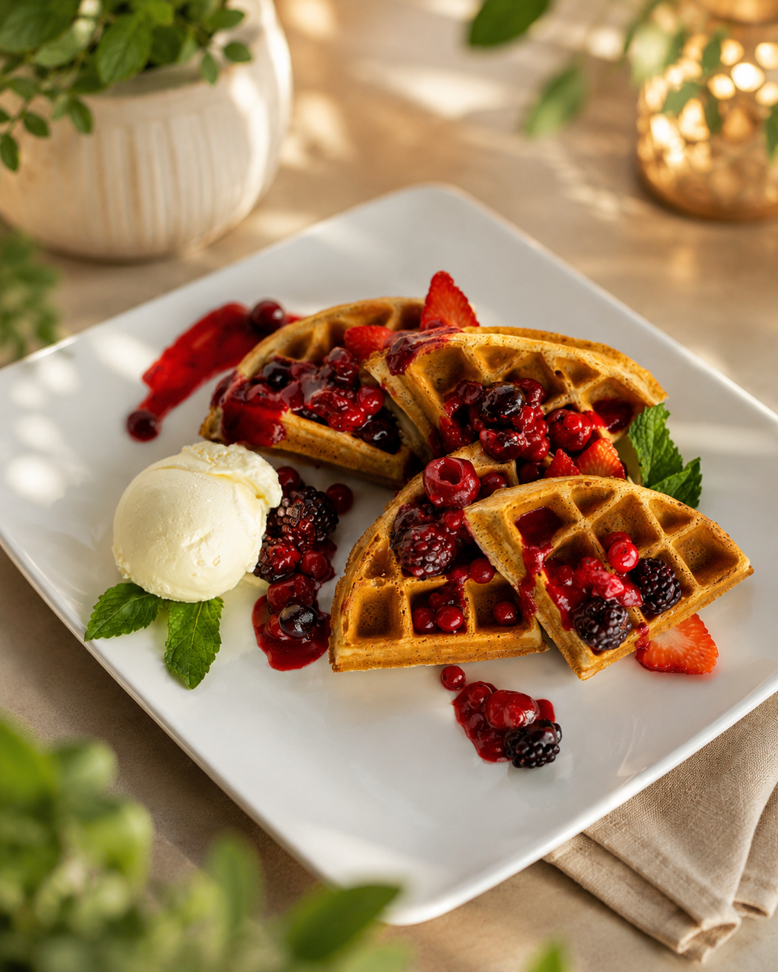 Waffle con frutos rojos y helado