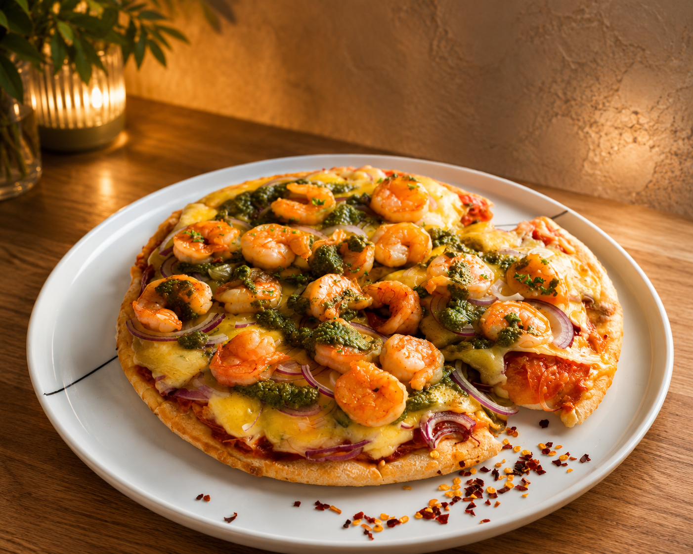 Pizza de pesto y camarones